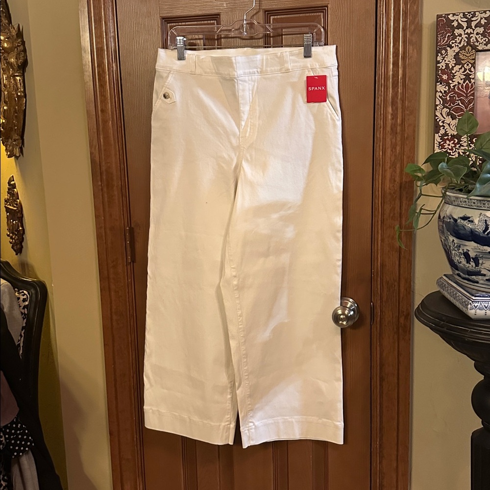 NWT Women’s SPANX Bright White Stretch Twill Cropped Wide-Leg Trousers, size XL - Picture 1 of 5